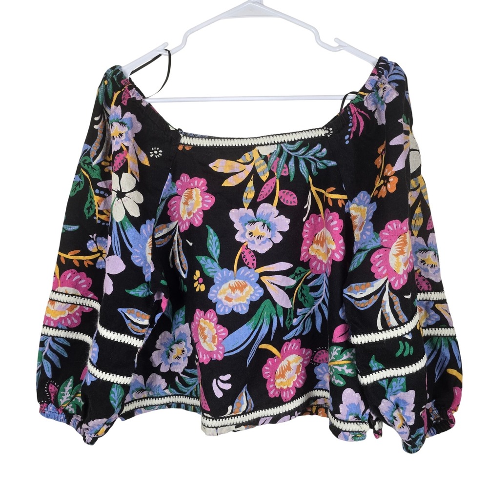 C&C California 100% Linen Floral Blouse Medium Black Puff Sleeve Square Neck